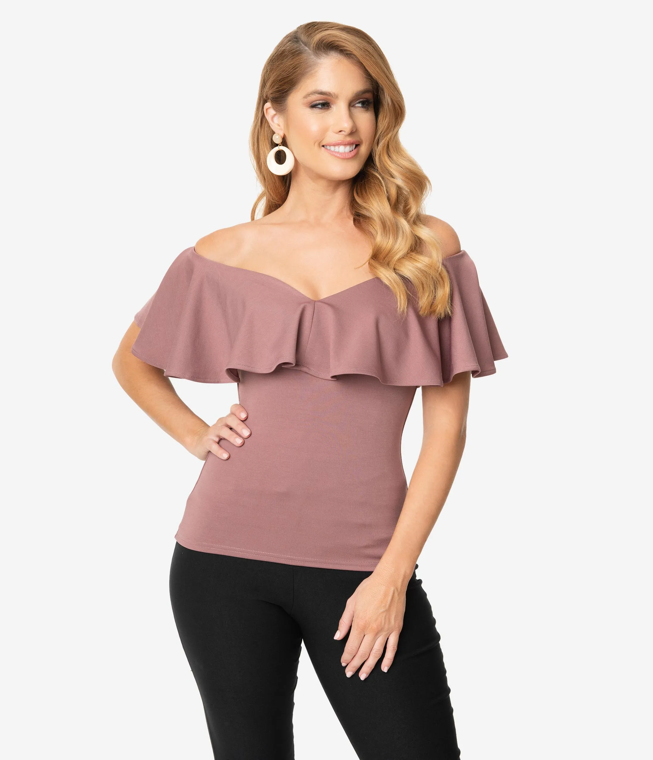 Unique Vintage 1950s Mauve Off Shoulder Ruffle Frenchie Top