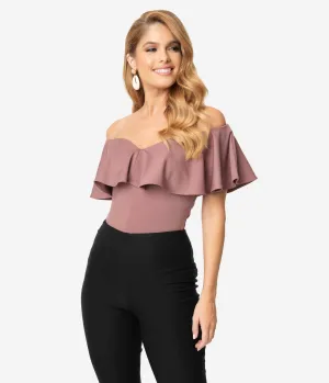 Unique Vintage 1950s Mauve Off Shoulder Ruffle Frenchie Top