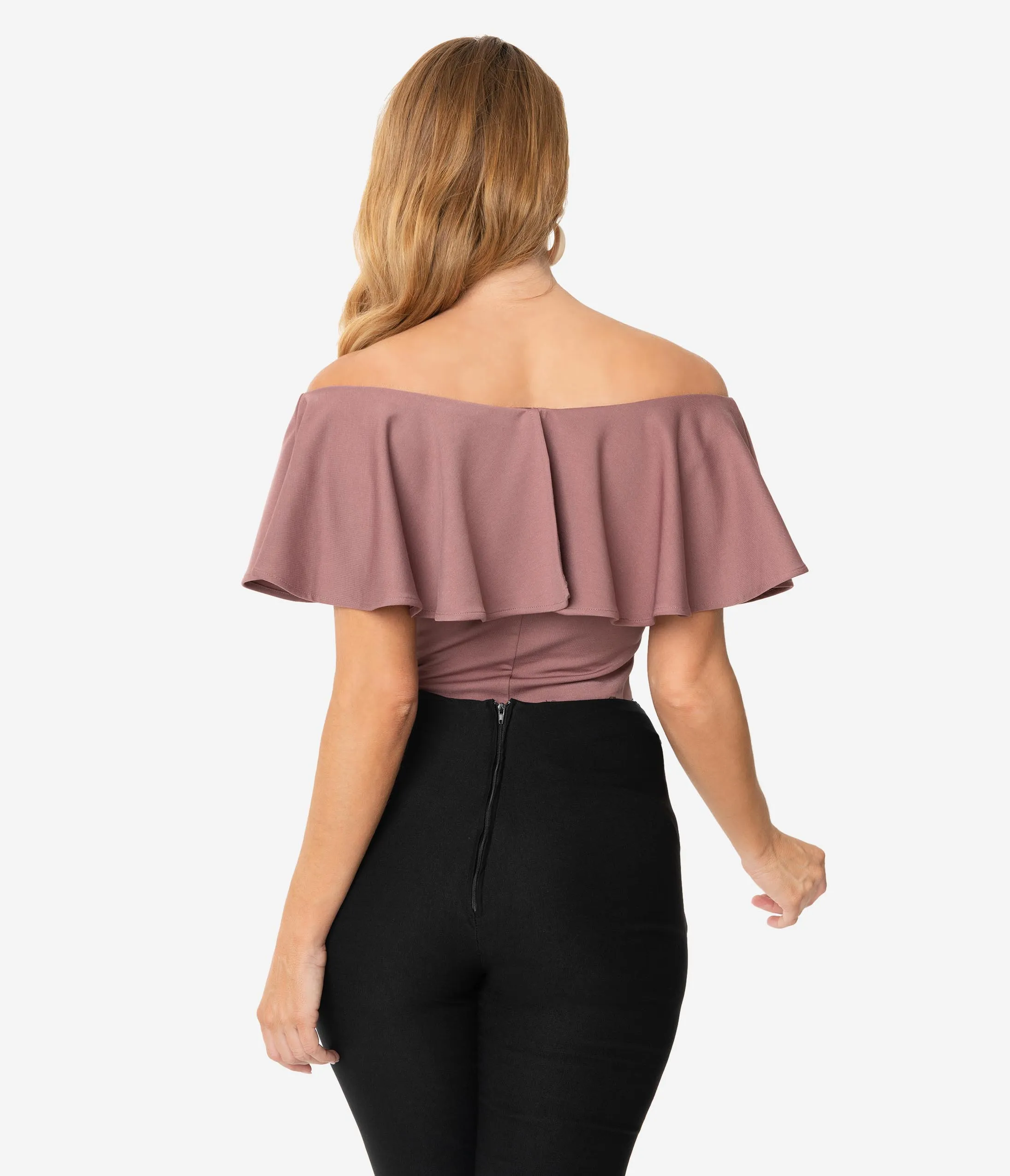 Unique Vintage 1950s Mauve Off Shoulder Ruffle Frenchie Top