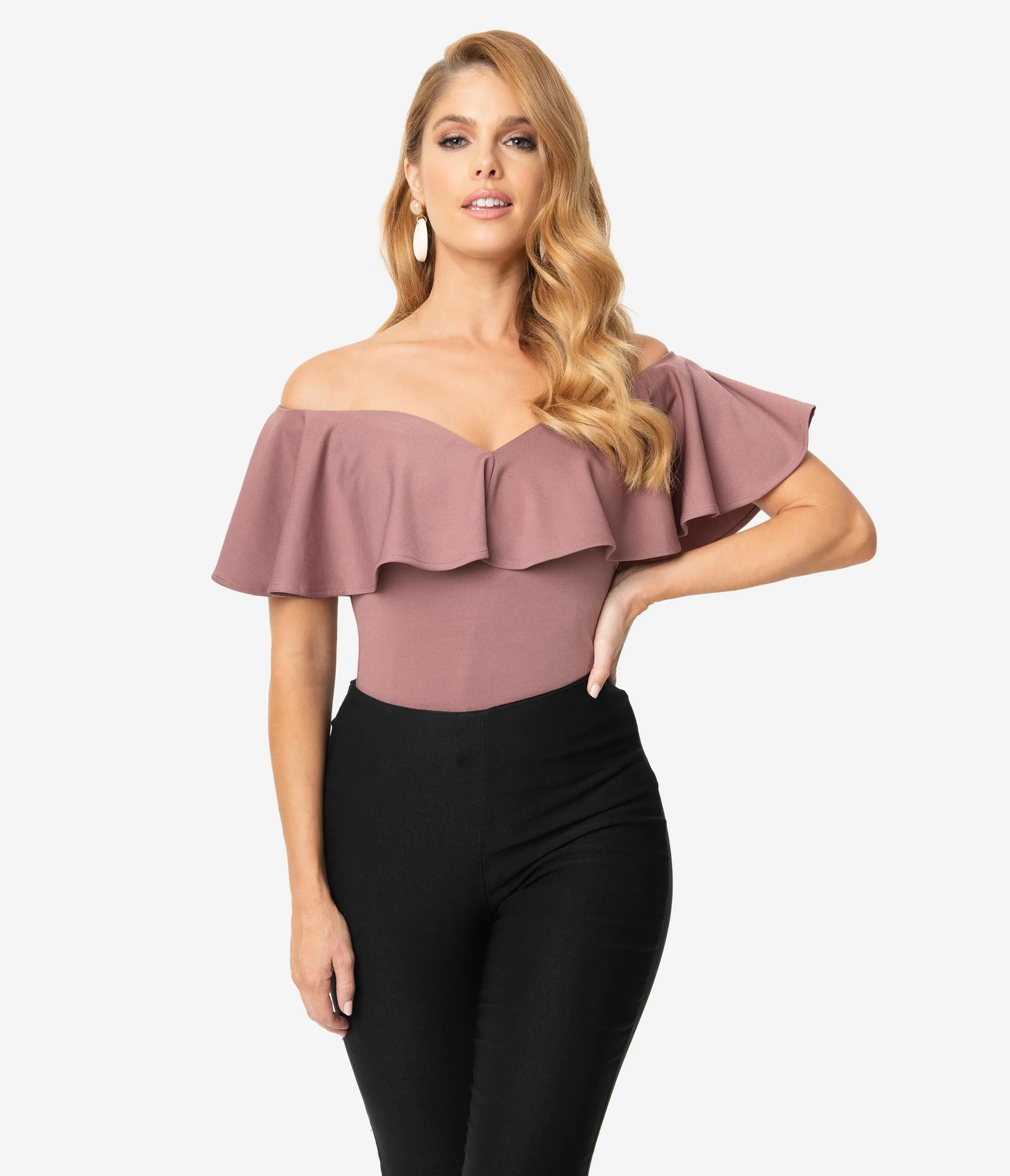 Unique Vintage 1950s Mauve Off Shoulder Ruffle Frenchie Top