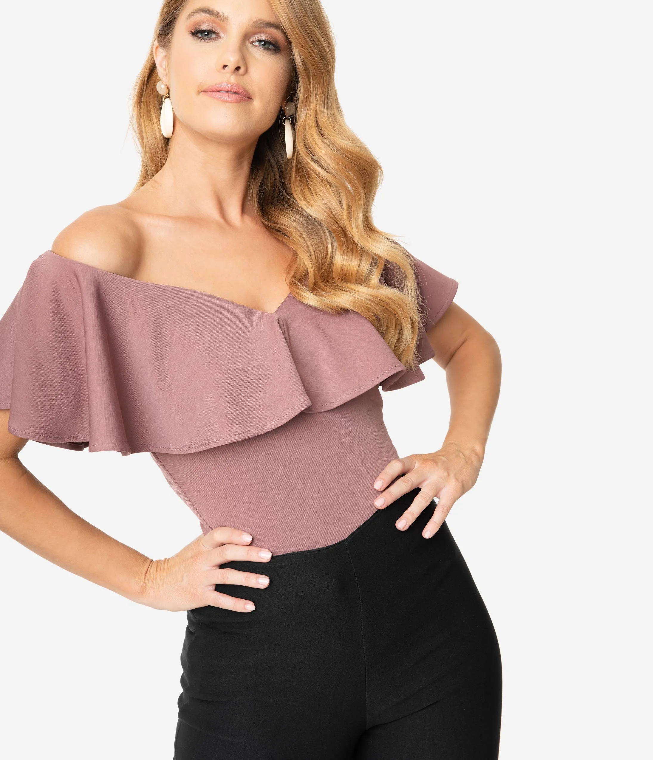 Unique Vintage 1950s Mauve Off Shoulder Ruffle Frenchie Top