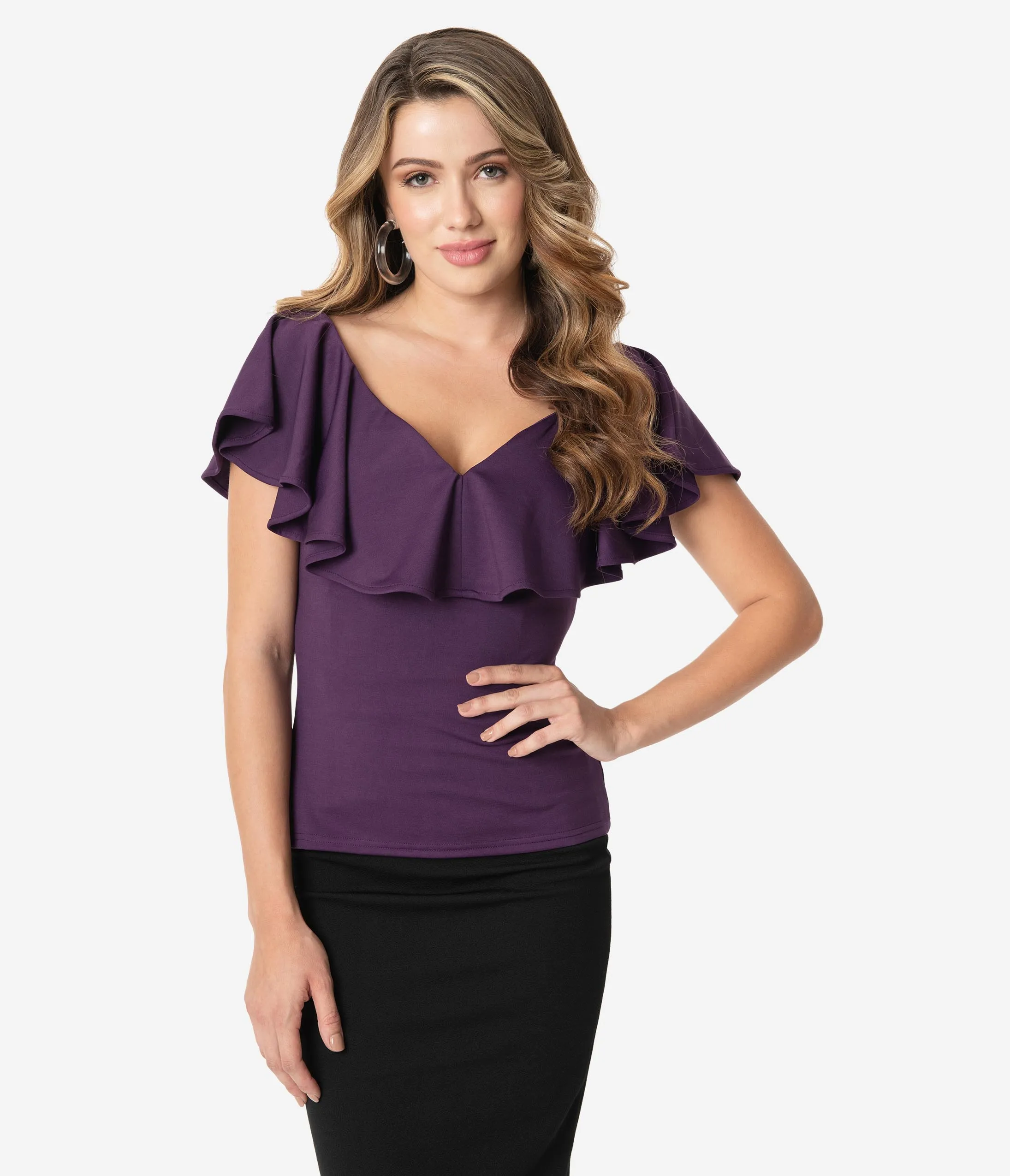 Unique Vintage 1950s Purple Off Shoulder Ruffle Frenchie Top