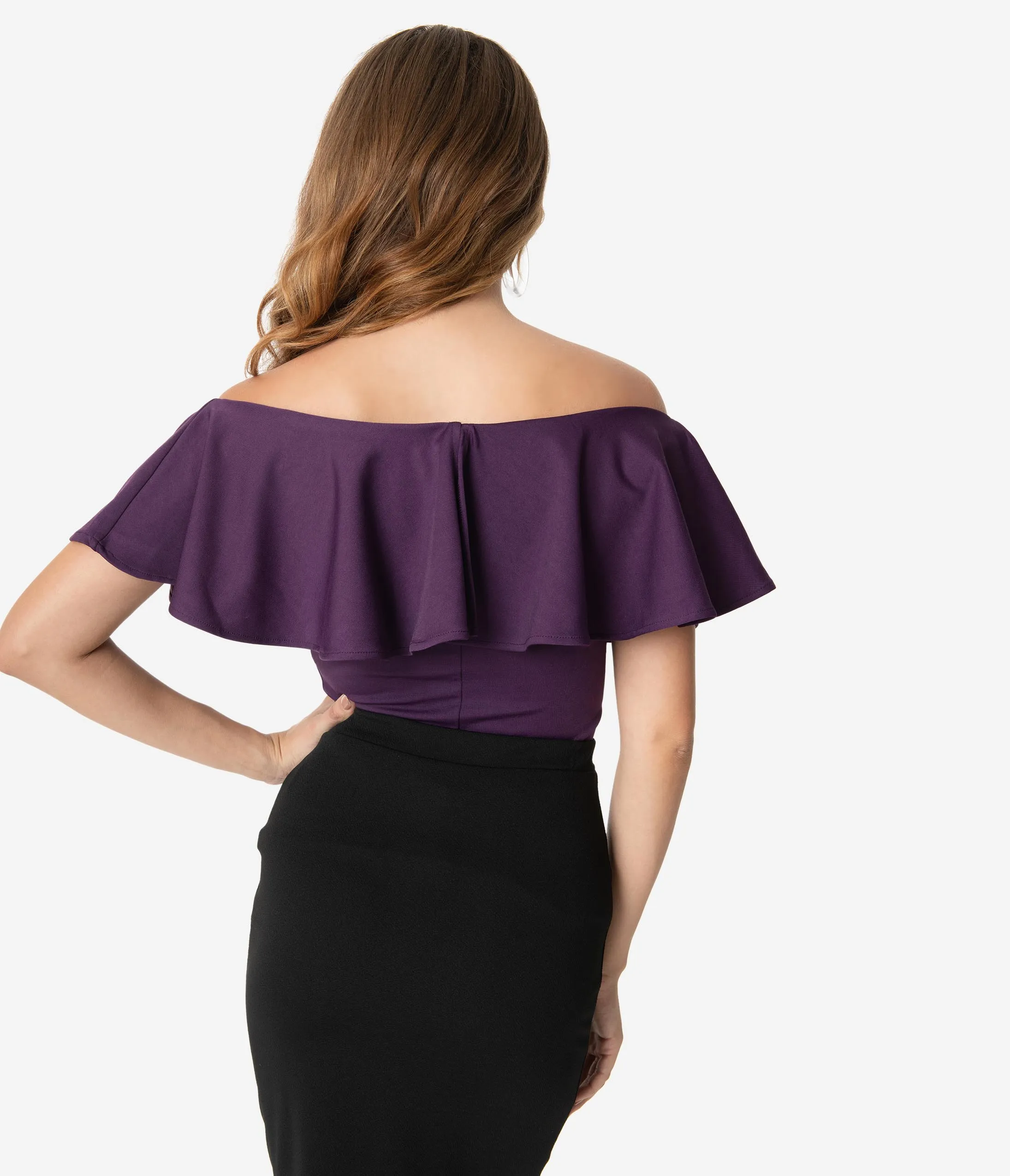 Unique Vintage 1950s Purple Off Shoulder Ruffle Frenchie Top