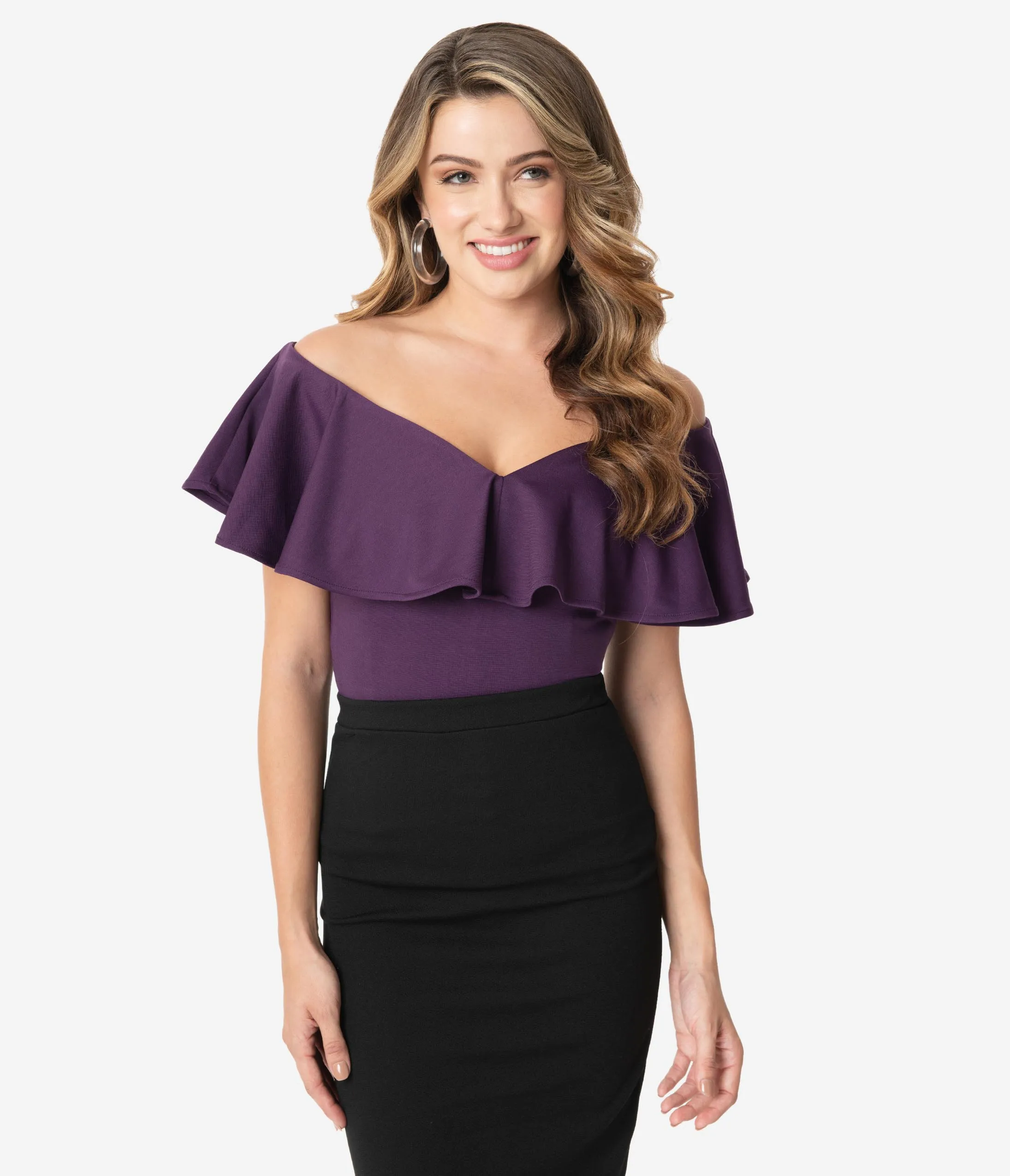 Unique Vintage 1950s Purple Off Shoulder Ruffle Frenchie Top