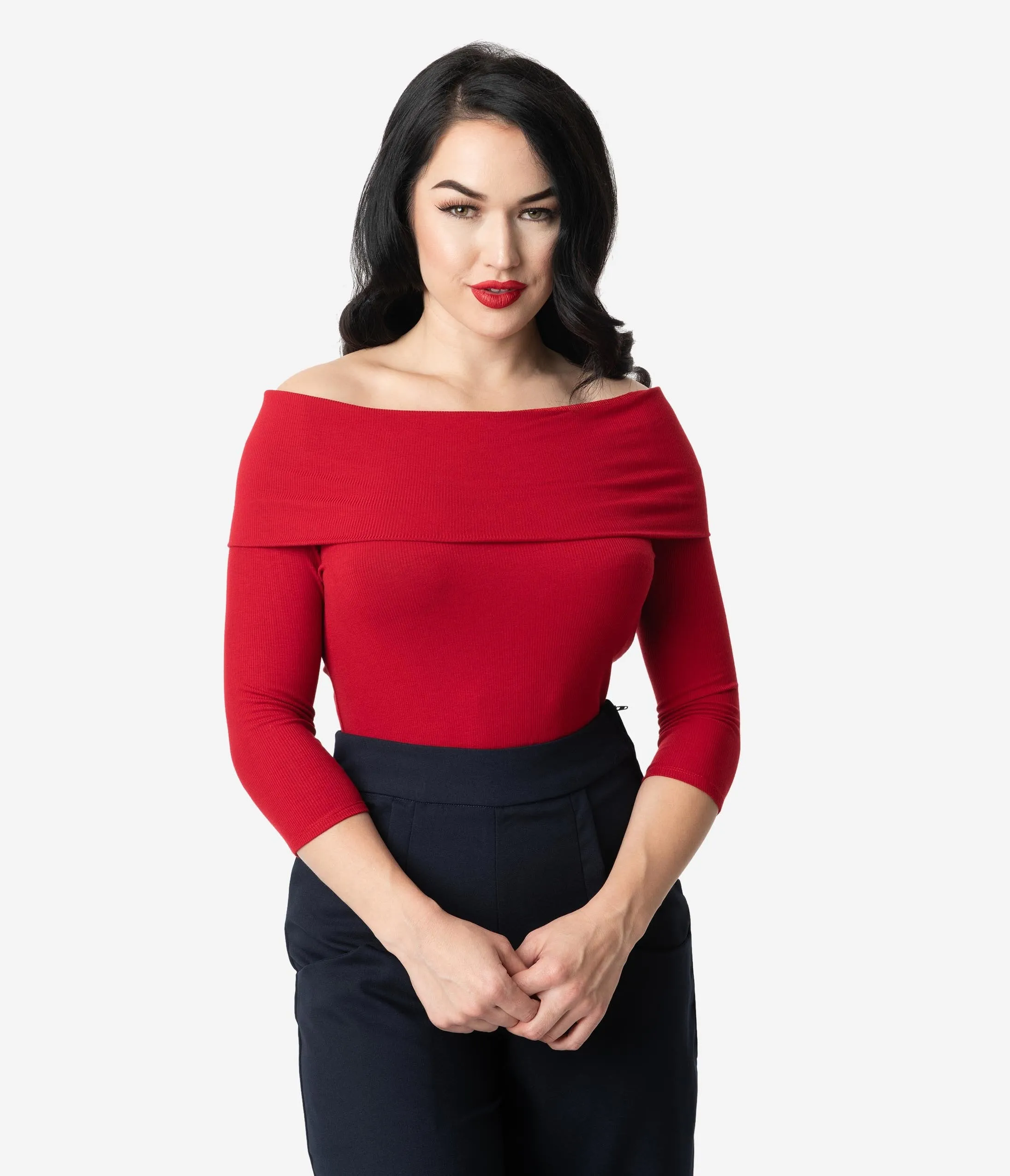 Unique Vintage Burgundy Red Ribbed Knit Off Shoulder Cowl Nina Top