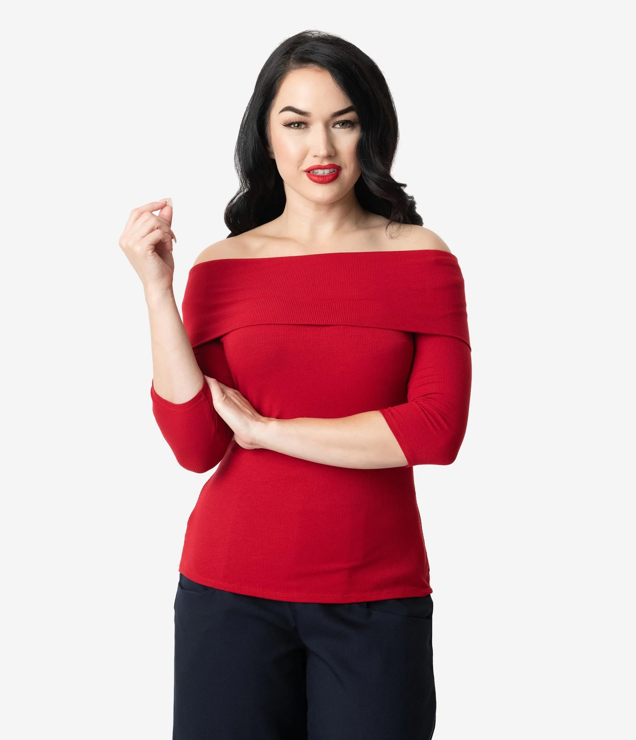 Unique Vintage Burgundy Red Ribbed Knit Off Shoulder Cowl Nina Top