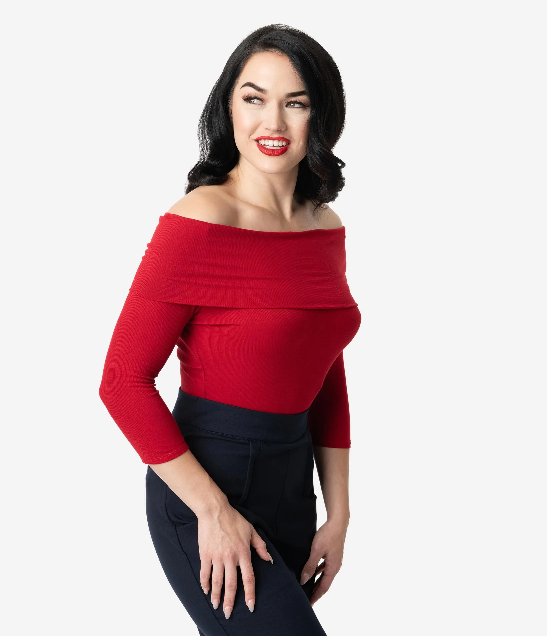 Unique Vintage Burgundy Red Ribbed Knit Off Shoulder Cowl Nina Top