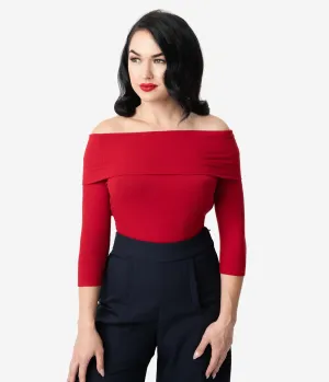 Unique Vintage Burgundy Red Ribbed Knit Off Shoulder Cowl Nina Top