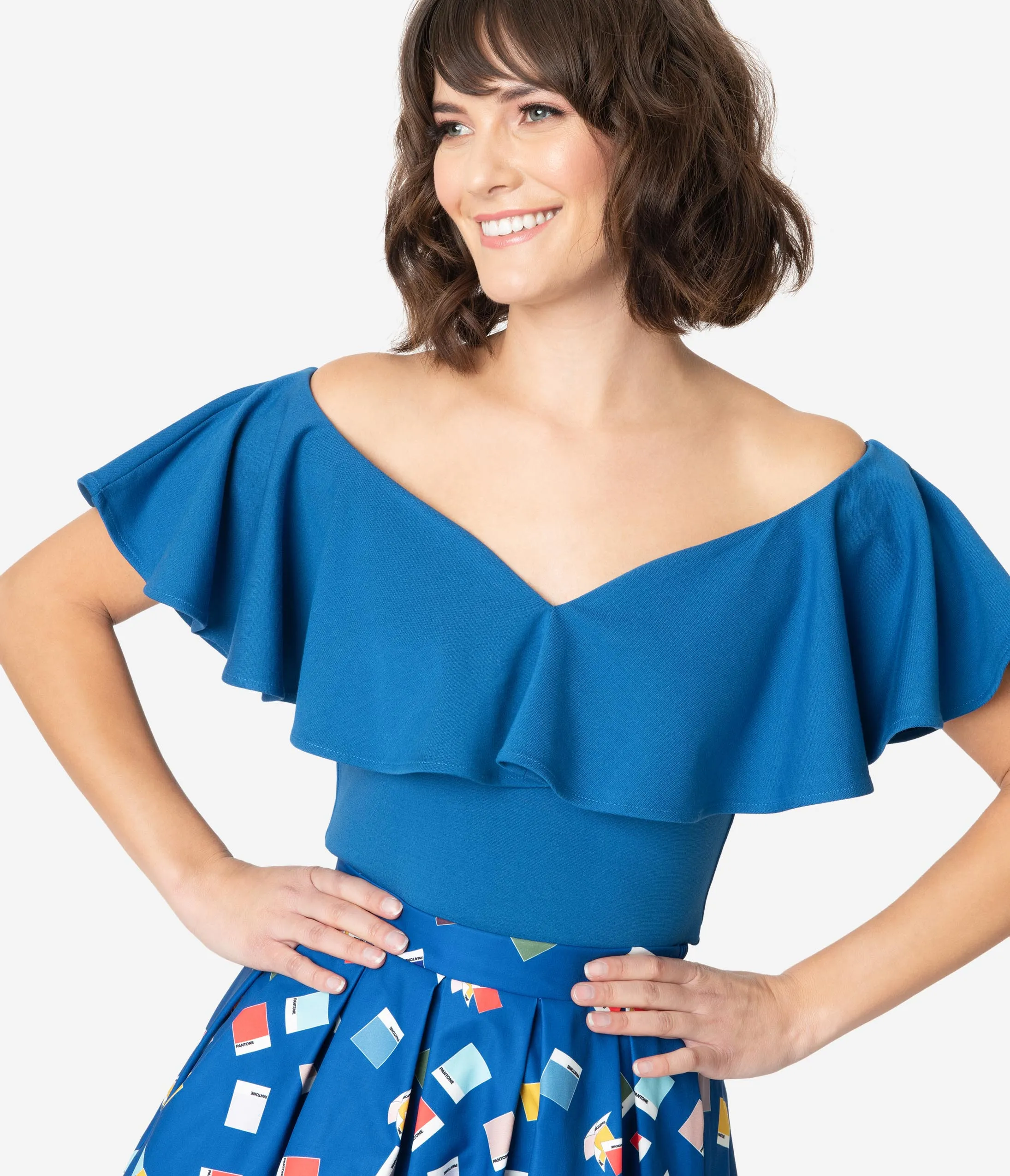 Unique Vintage   Pantone Classic Blue Off Shoulder Ruffle Frenchie Top