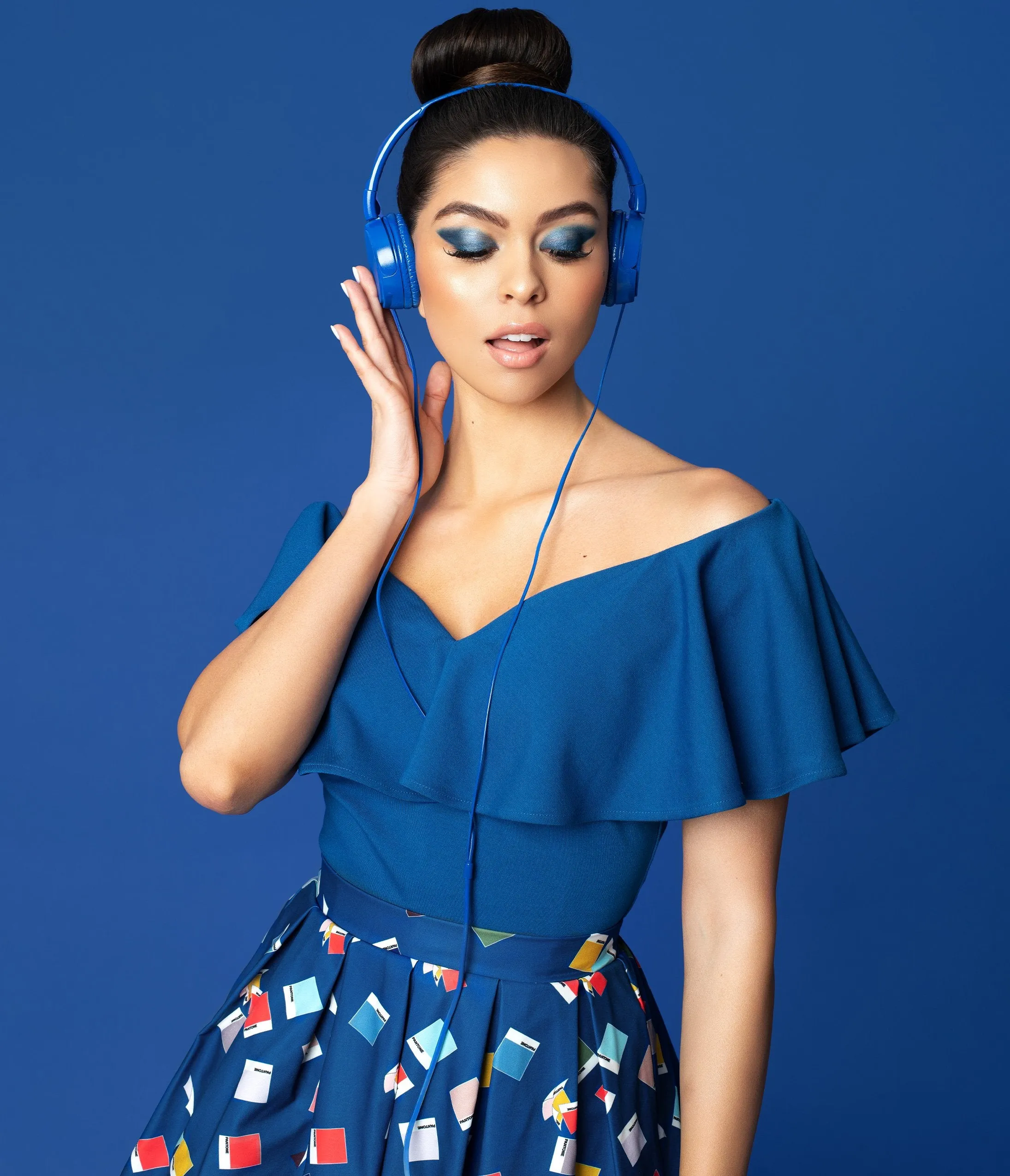 Unique Vintage   Pantone Classic Blue Off Shoulder Ruffle Frenchie Top
