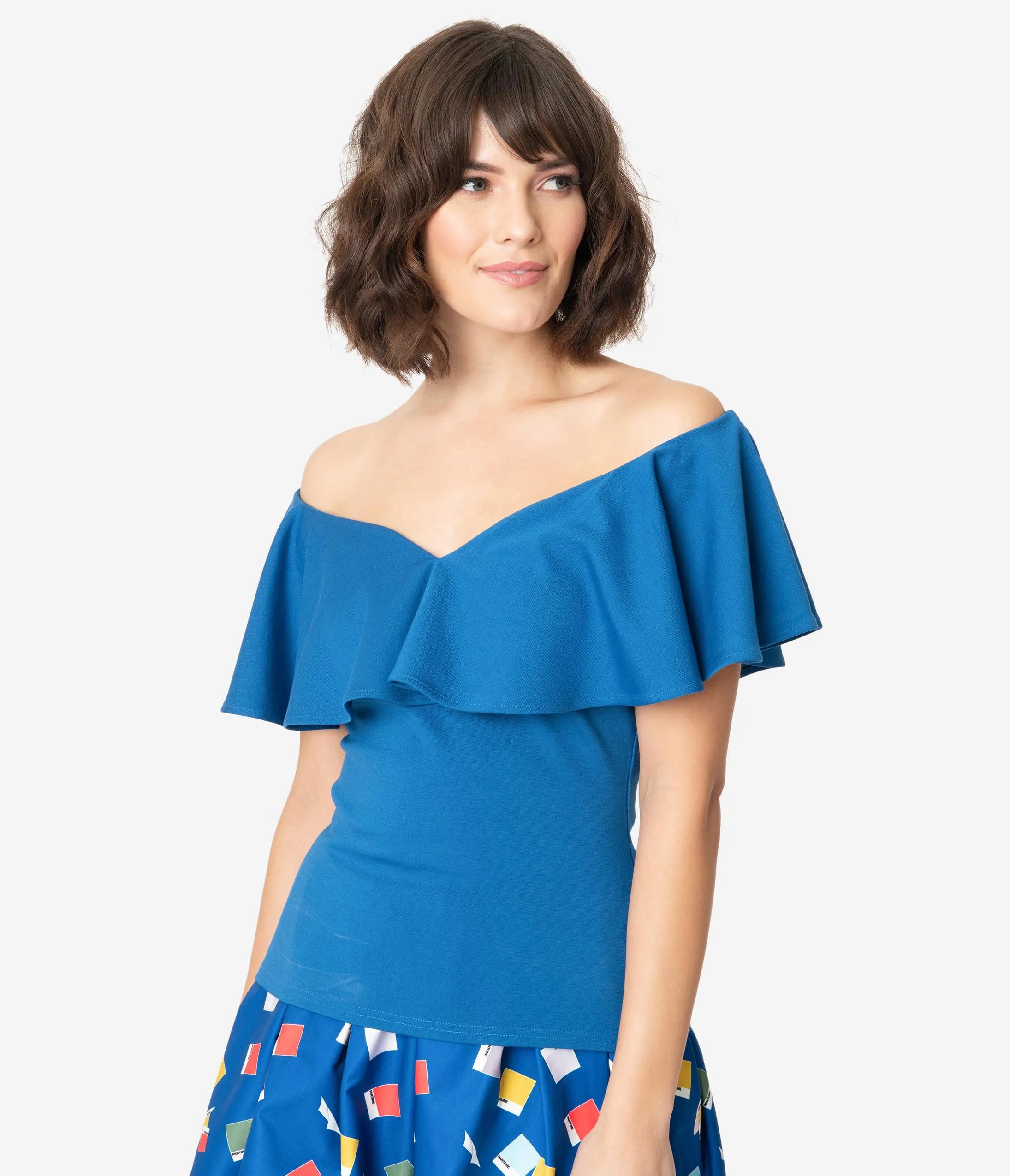 Unique Vintage   Pantone Classic Blue Off Shoulder Ruffle Frenchie Top