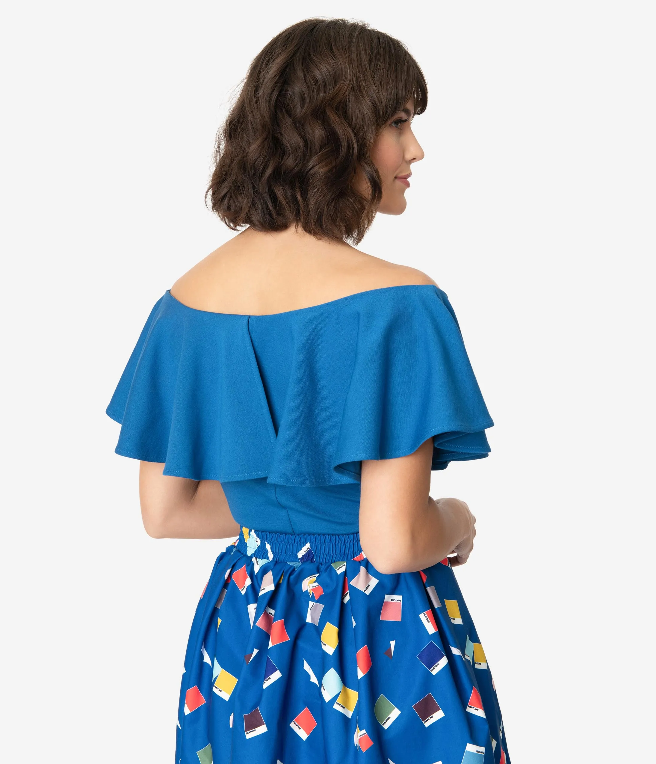 Unique Vintage   Pantone Classic Blue Off Shoulder Ruffle Frenchie Top