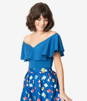 Unique Vintage   Pantone Classic Blue Off Shoulder Ruffle Frenchie Top