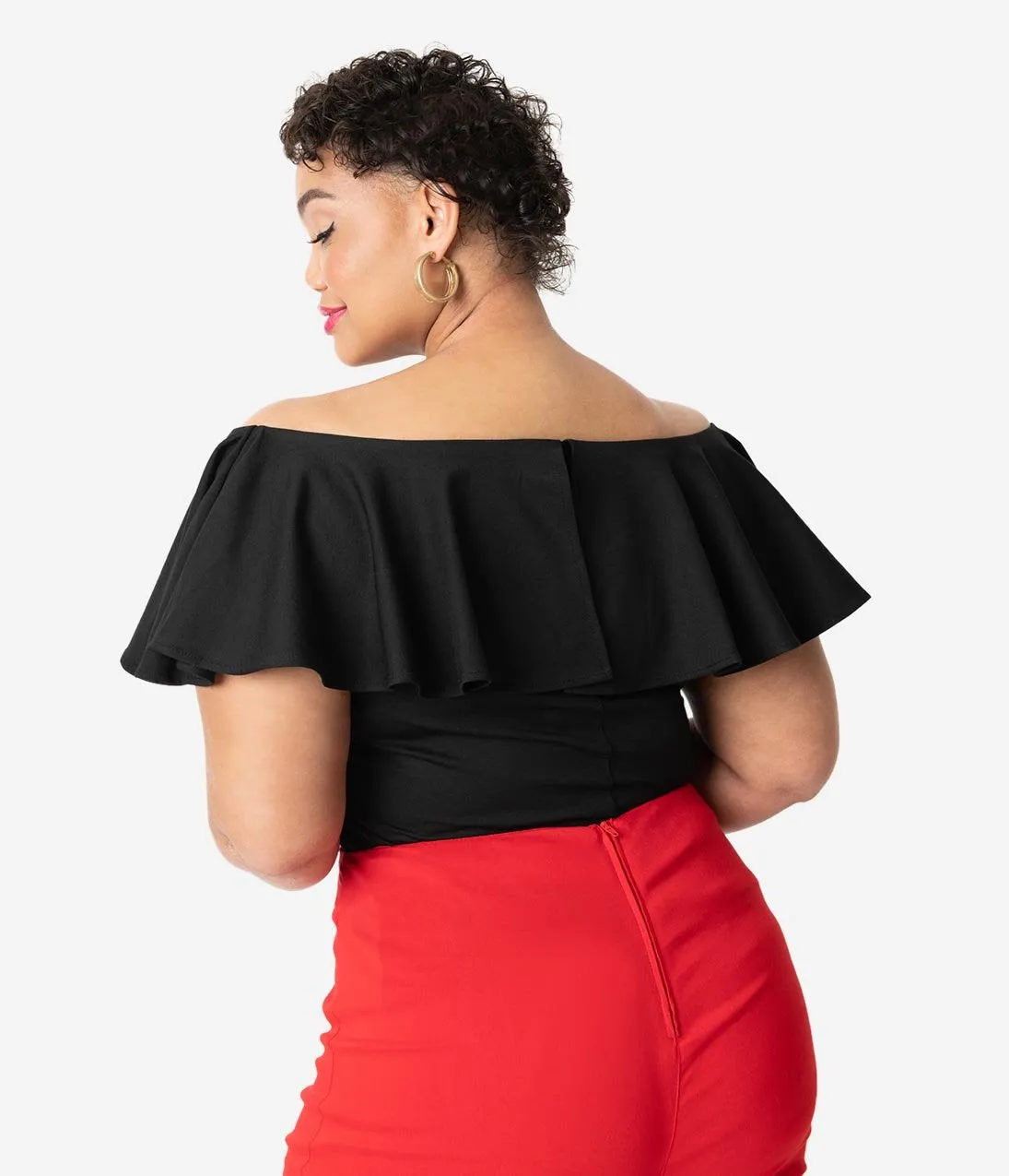Unique Vintage Plus Size 1950s Black Off Shoulder Ruffle Frenchie Knit Top