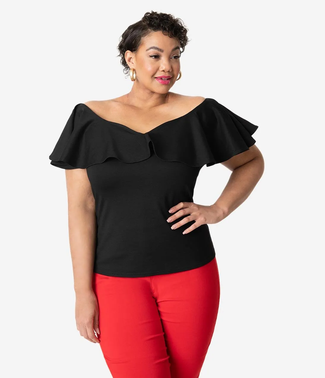 Unique Vintage Plus Size 1950s Black Off Shoulder Ruffle Frenchie Knit Top