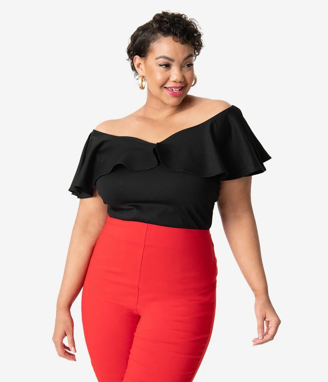 Unique Vintage Plus Size 1950s Black Off Shoulder Ruffle Frenchie Knit Top