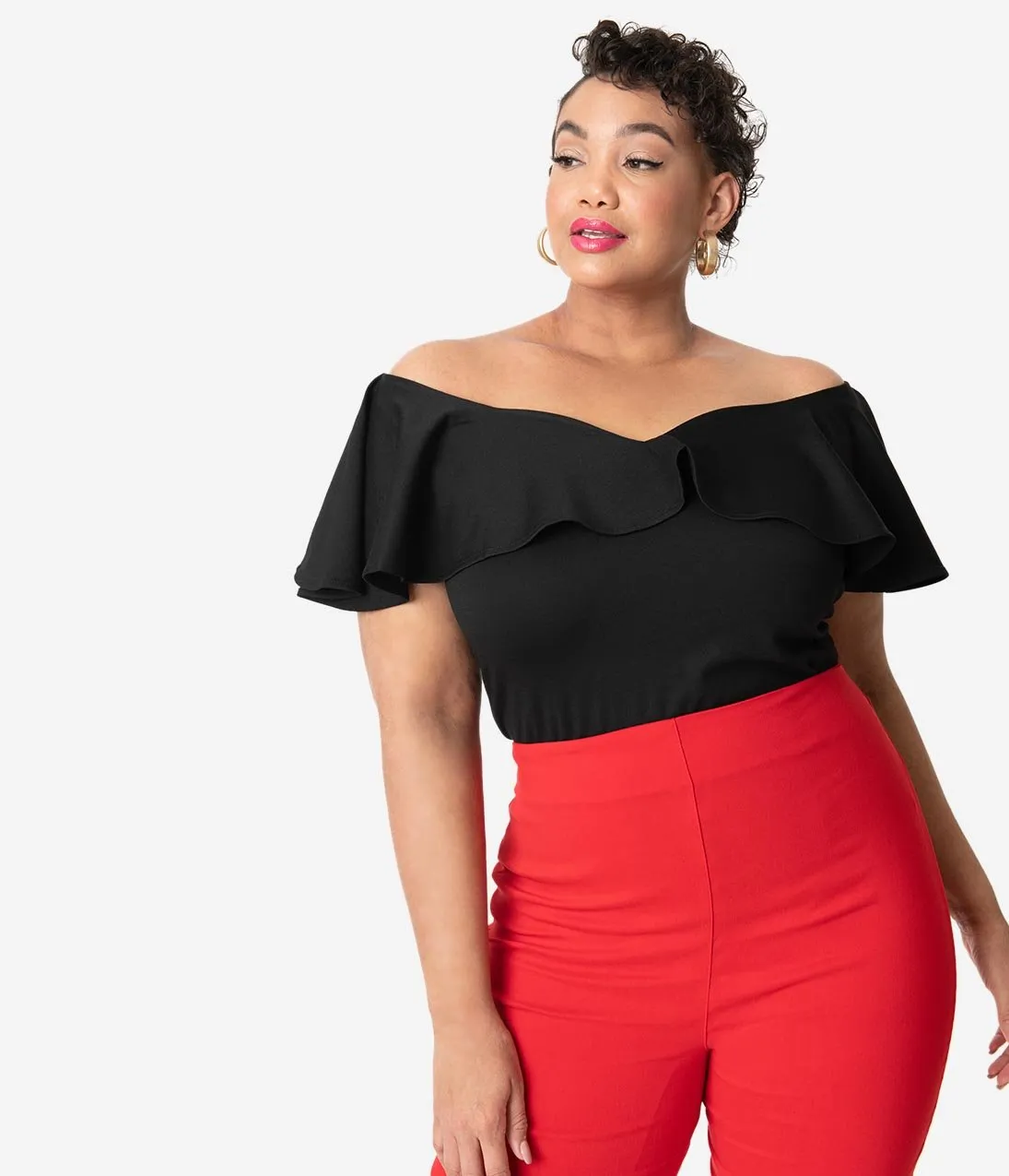 Unique Vintage Plus Size 1950s Black Off Shoulder Ruffle Frenchie Knit Top