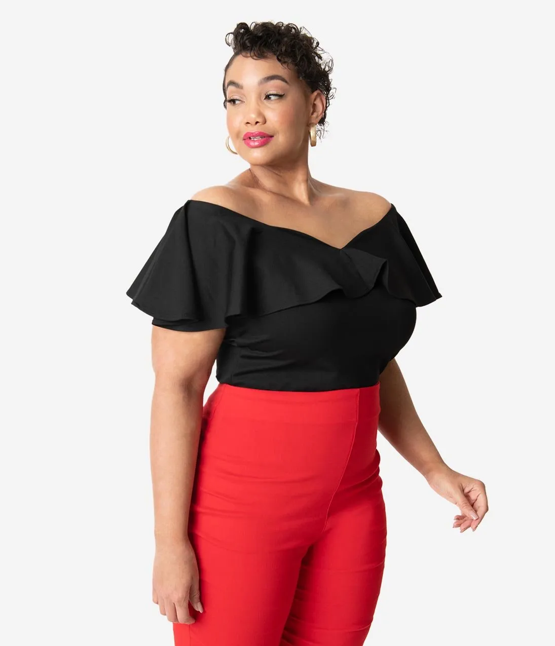 Unique Vintage Plus Size 1950s Black Off Shoulder Ruffle Frenchie Knit Top