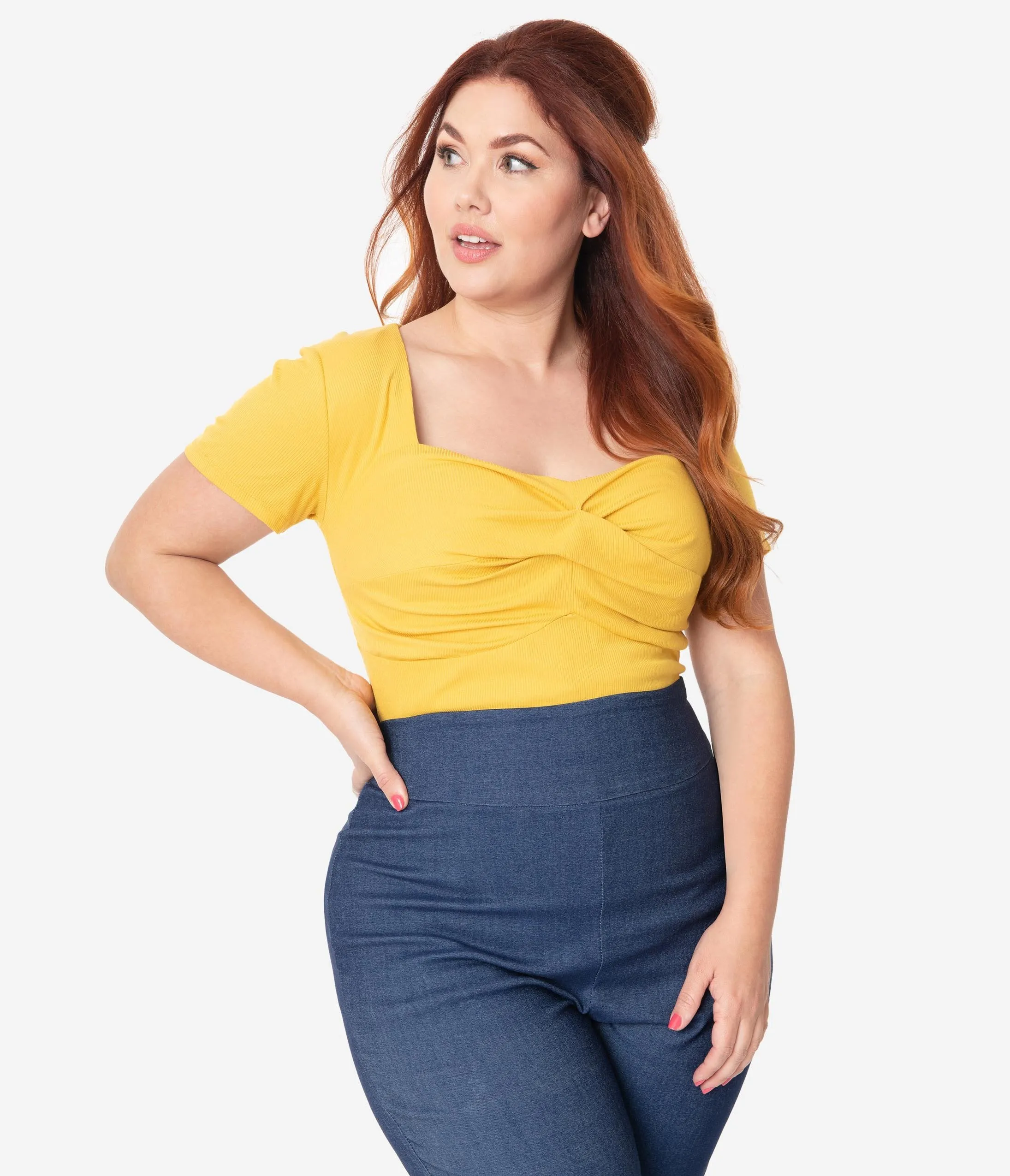Unique Vintage Plus Size Mustard Sweetheart Ruthie Top