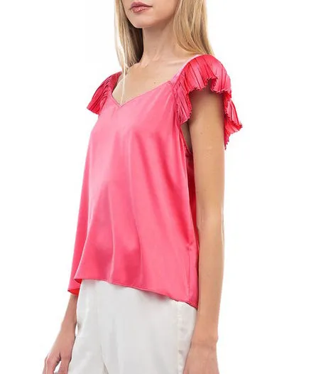 V-Neck Blouse with Ruffled Sleeves - Guava - FINAL SALE