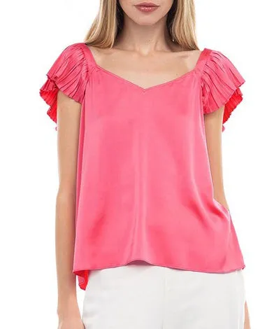 V-Neck Blouse with Ruffled Sleeves - Guava - FINAL SALE