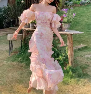 Wenkouban-Christmas Thanksgiving Gift New Year's Eve Dress party look inspos back to school dress  Pink Chiffon Off Shoulder Floral Puff Sleeves Maxi Dress