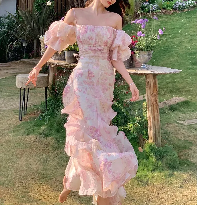 Wenkouban-Christmas Thanksgiving Gift New Year's Eve Dress party look inspos back to school dress  Pink Chiffon Off Shoulder Floral Puff Sleeves Maxi Dress
