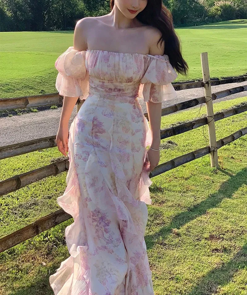 Wenkouban-Christmas Thanksgiving Gift New Year's Eve Dress party look inspos back to school dress  Pink Chiffon Off Shoulder Floral Puff Sleeves Maxi Dress