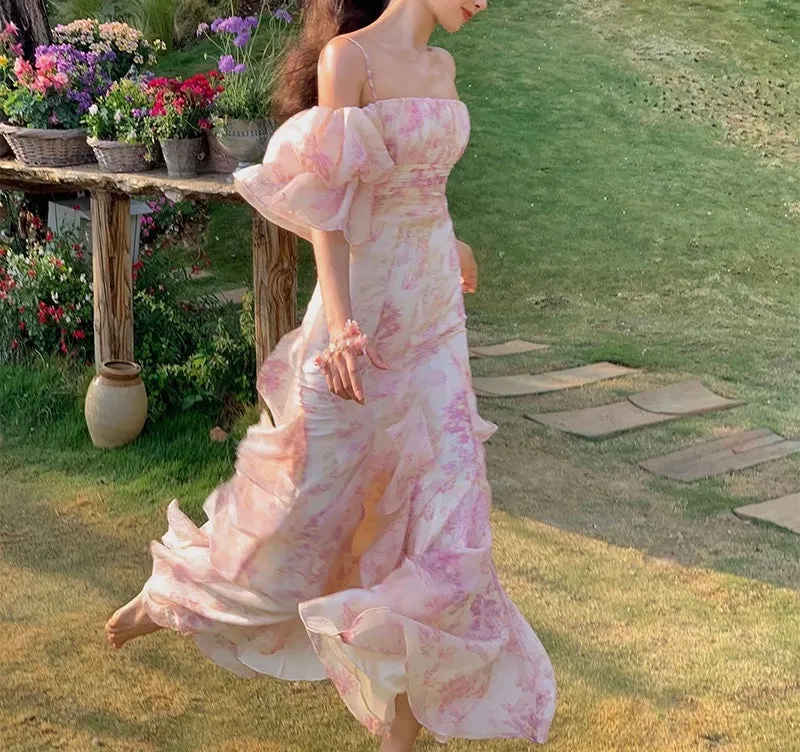 Wenkouban-Christmas Thanksgiving Gift New Year's Eve Dress party look inspos back to school dress  Pink Chiffon Off Shoulder Floral Puff Sleeves Maxi Dress
