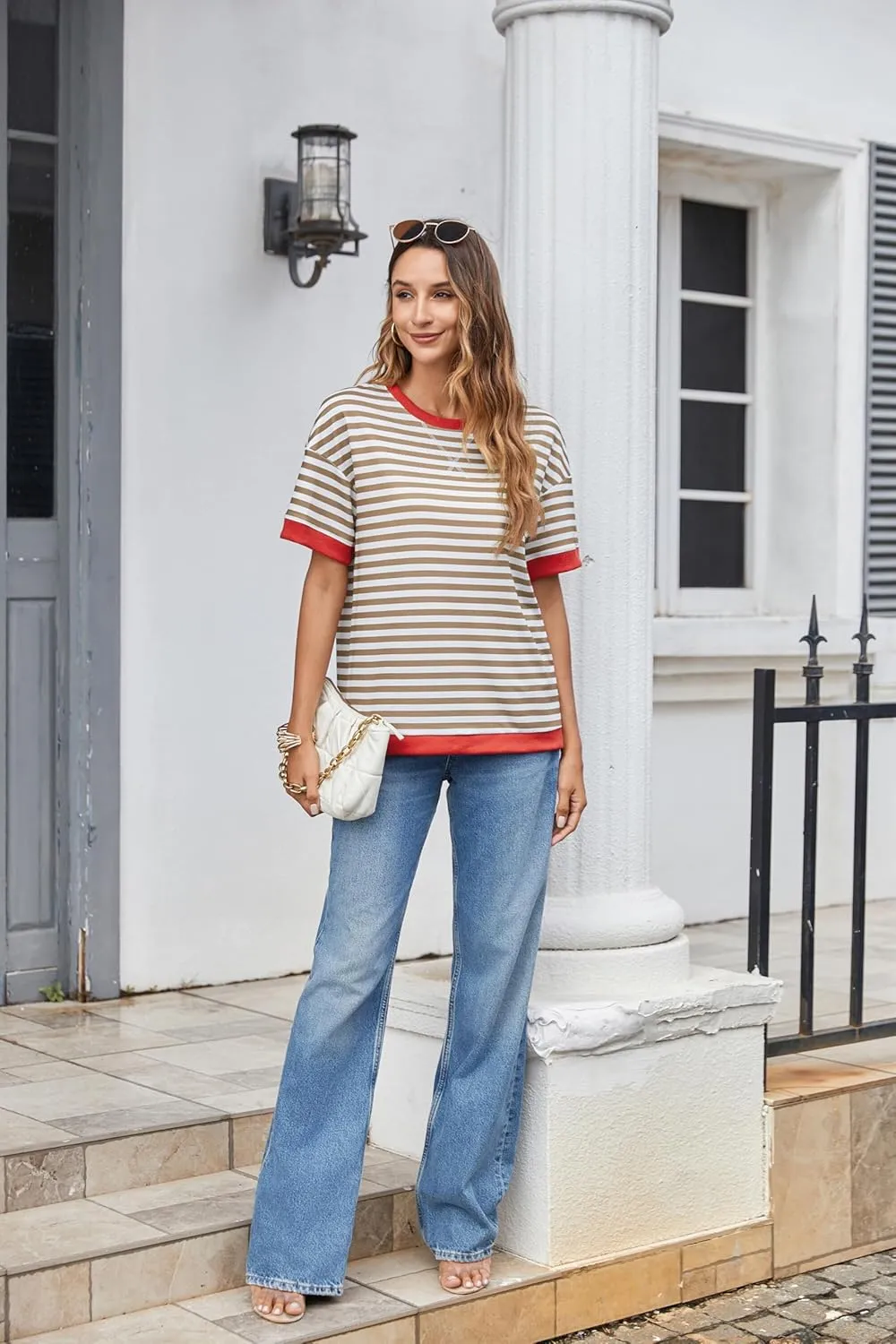 Zeagoo Womens Summer Tops Oversized Crewneck Short Sleeve T Shirts Casual Loose Fit Blouse Y2K 2025 Striped Basic Tee