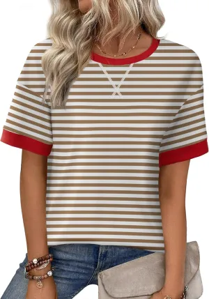 Zeagoo Womens Summer Tops Oversized Crewneck Short Sleeve T Shirts Casual Loose Fit Blouse Y2K 2025 Striped Basic Tee