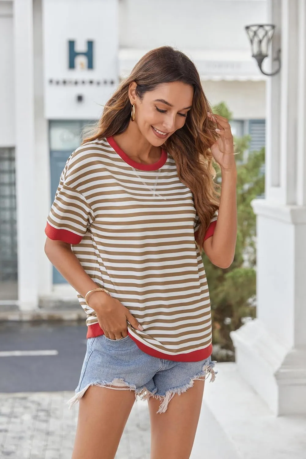 Zeagoo Womens Summer Tops Oversized Crewneck Short Sleeve T Shirts Casual Loose Fit Blouse Y2K 2025 Striped Basic Tee