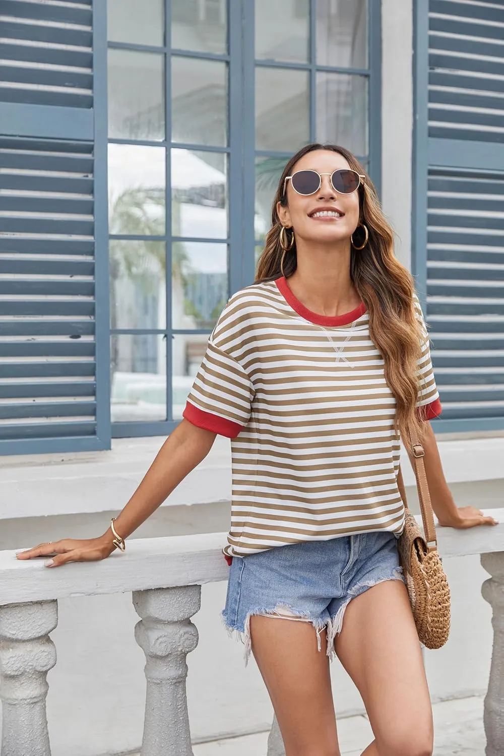 Zeagoo Womens Summer Tops Oversized Crewneck Short Sleeve T Shirts Casual Loose Fit Blouse Y2K 2025 Striped Basic Tee
