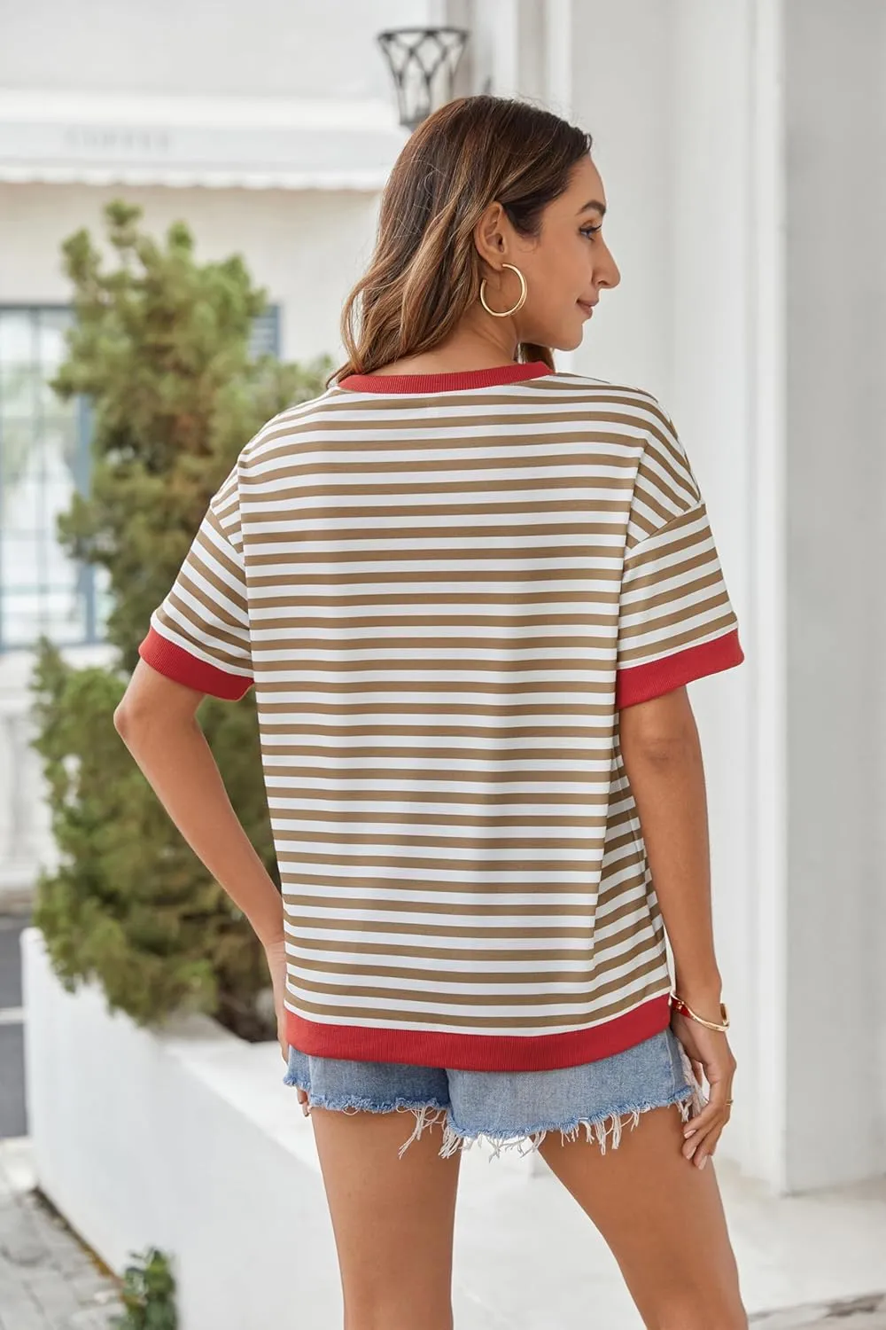Zeagoo Womens Summer Tops Oversized Crewneck Short Sleeve T Shirts Casual Loose Fit Blouse Y2K 2025 Striped Basic Tee